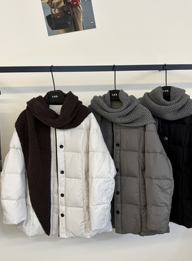 毛漂亮-经典单排扣宽松时尚休闲显瘦保暖羽绒服外套(配围巾)8773
