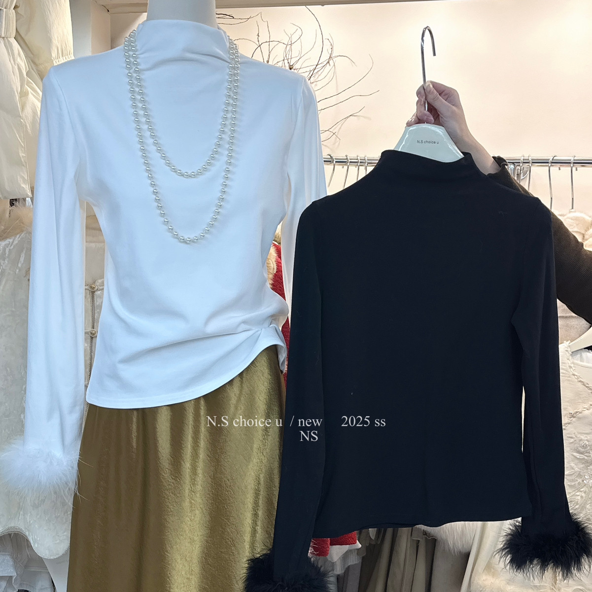 NS CHOICE U-上新简约百搭加绒保暖毛边袖半高领打底长袖T恤2688