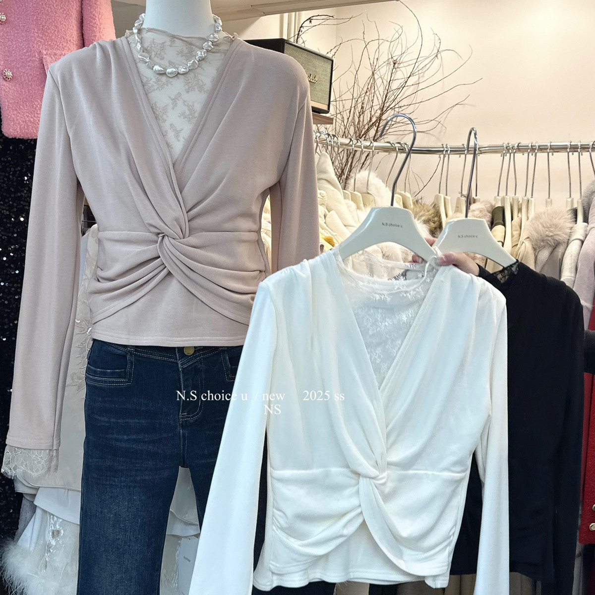 NS CHOICE U-式气质蕾丝拼接假两件扭结薄绒磨毛保暖打底小衫1819