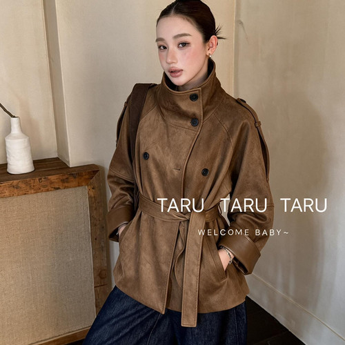 TARU-秋上新双排扣立领中长款风衣(配腰带)10672