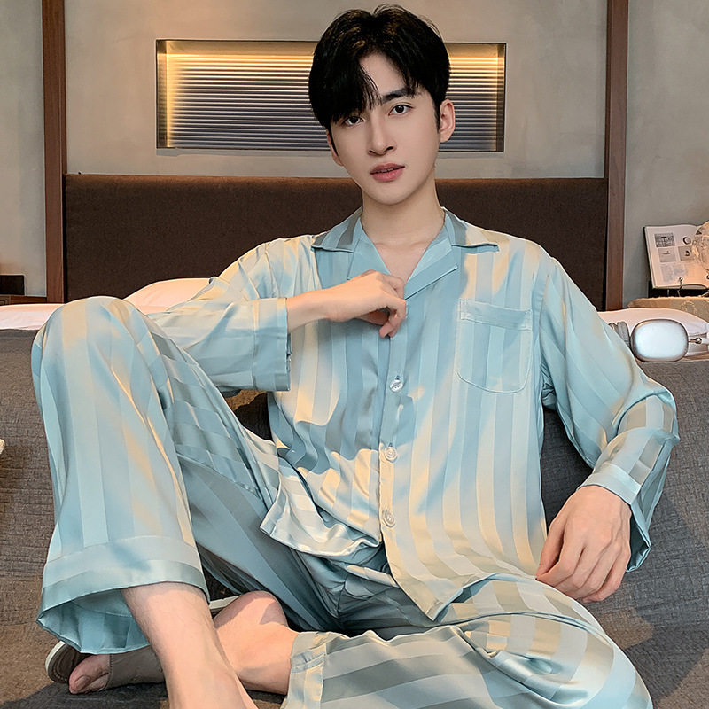 春秋款长袖睡衣男冰丝秋季高级感丝绸春季男款夏天加大码夏季套装