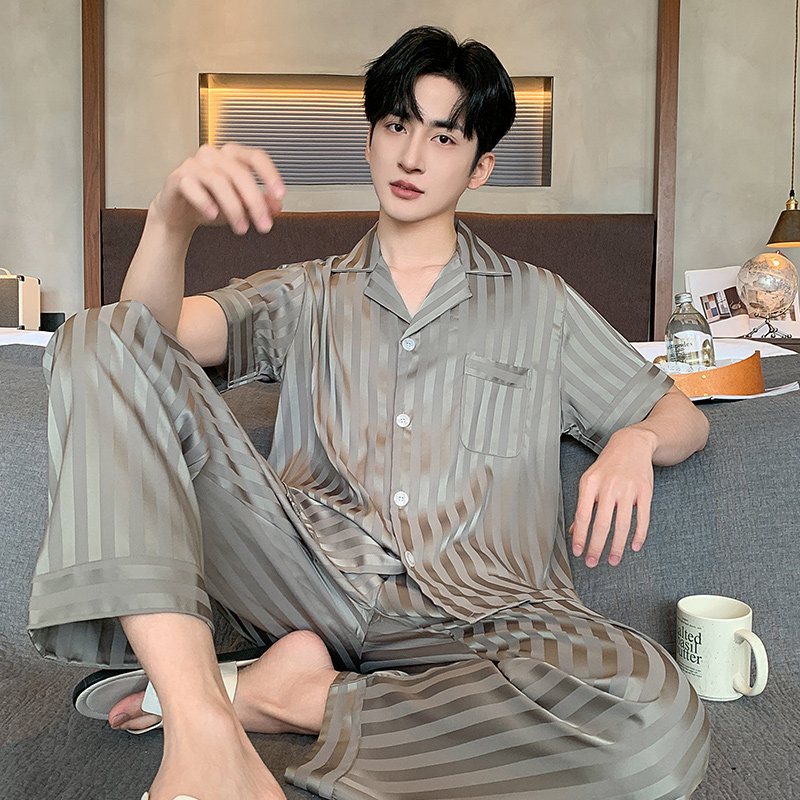 夏季男士睡衣冰丝薄款短袖长裤夏天男款高级感大码男土家居服夏款