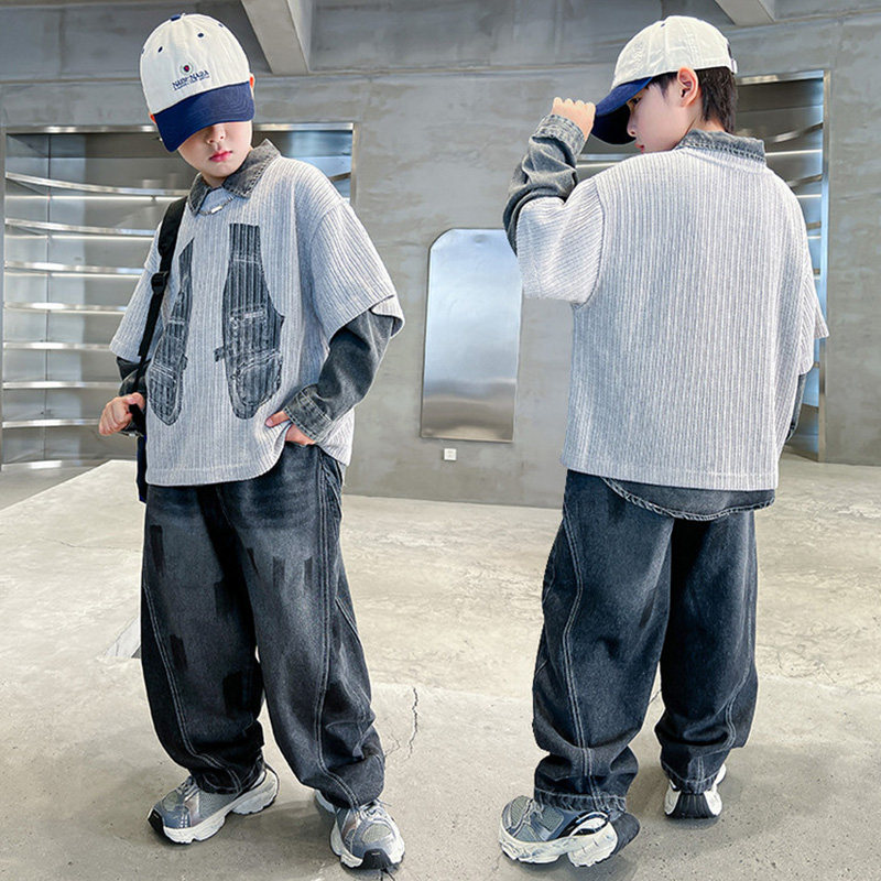 男童春装套装2026新款潮儿童假两件卫衣三件套春秋款男孩衣服酷帅