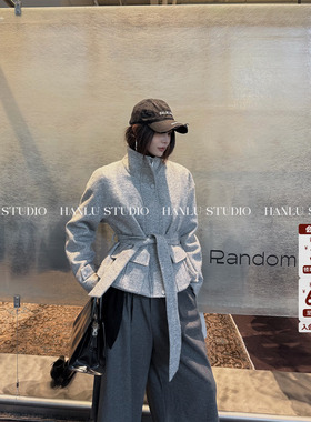 HanLu studio品牌小众时髦精廓型收腰立体口袋设计灰色羊毛羽绒服