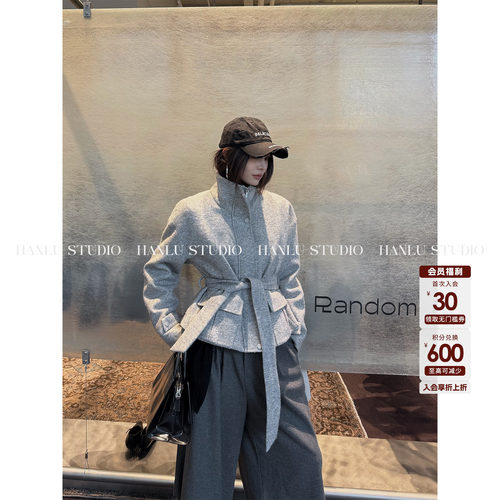 HanLu studio品牌小众时髦精廓型收腰立体口袋设计灰色羊毛羽绒服