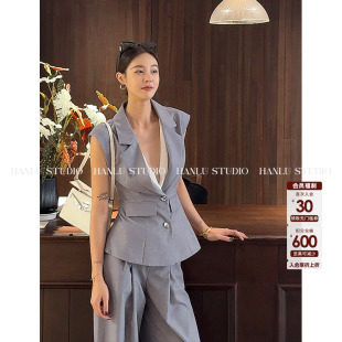 HanLu studio小众设计高知大气假两件深v荡领灰色收腰马甲