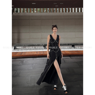 HANLU 连衣裙 STUDIO品牌砂洗做旧莱赛尔棉撞色拼接收腰拉链无袖