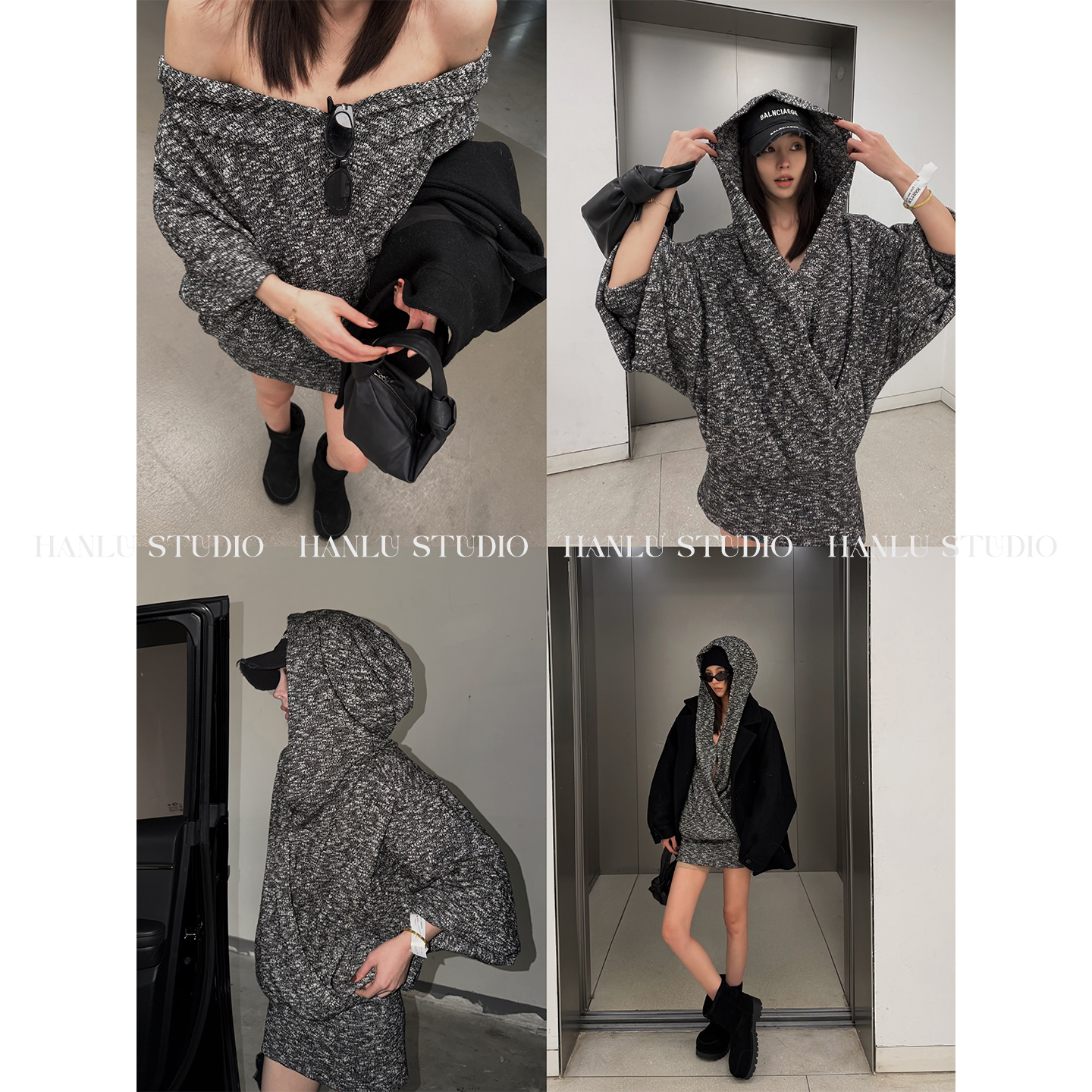 HANLU STUDIO原创大连帽/可一字肩不对称解构星灰毛织上衣连衣裙
