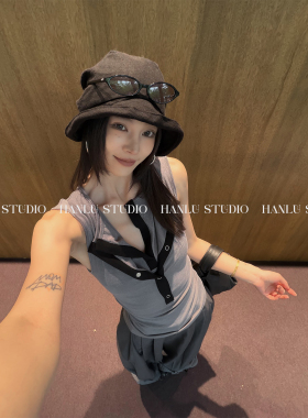 HANLU STUDIO品牌假两件背心百搭时髦极简天丝亚麻灰色无袖上衣