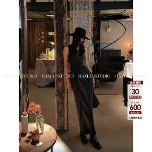 HANLU v领皮裙 STUDIO品牌设计师暗黑立裁收腰内胆磨毛连衣裙无袖