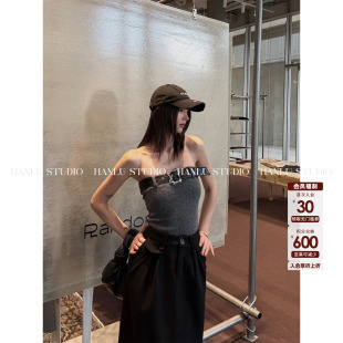 HANLU STUDIO氛围感抹胸收腰显瘦毛织羊毛背心拼接金属腰带上衣灰