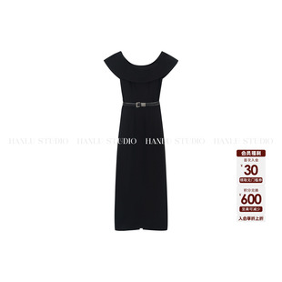 HANLU 连衣裙黑 STUDIO品牌立裁收腰显瘦大翻领荷叶边圆领气质无袖