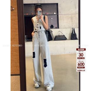 重工磨毛牛仔摩登复古外穿马夹 夏季 HanLu studio时尚