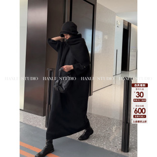 HanLu 羊毛连衣裙黑 studio品牌小众原创慵懒感阔型高领飘带七分袖