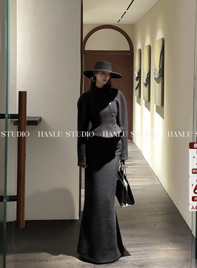 HanLu studio秋冬款小众原创长款精裁高腰绵羊毛黑色毛呢鱼尾半裙