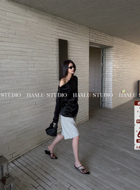 HANLU STUDIO 静奢极简中领斜肩长袖黑色醋酸宽松廓型松弛感上衣