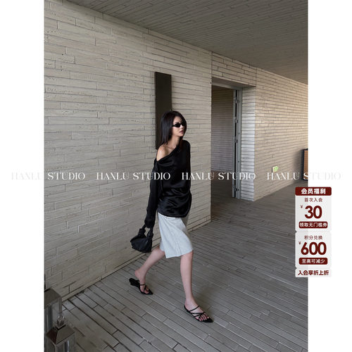 HANLU STUDIO 静奢极简中领斜肩长袖黑色醋酸宽松廓型松弛感上衣