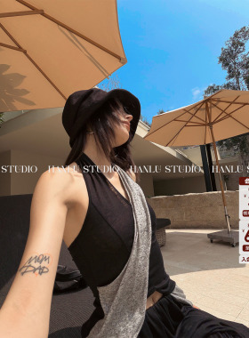 HanLu studio品牌小众撞色亚麻挂脖背心立裁收腰显瘦黑色时髦上衣