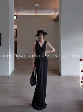HanLu studio品牌小众雕塑连衣裙荡感v领无袖黑色气质长裙礼服裙