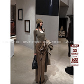 HANLU STUDIO品牌解构感不规则流动设计驼褐色直筒羊毛开叉半身裙