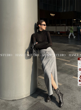 HanLu studio小众解构纽结时髦高质感羊毛开叉灰色半身裙