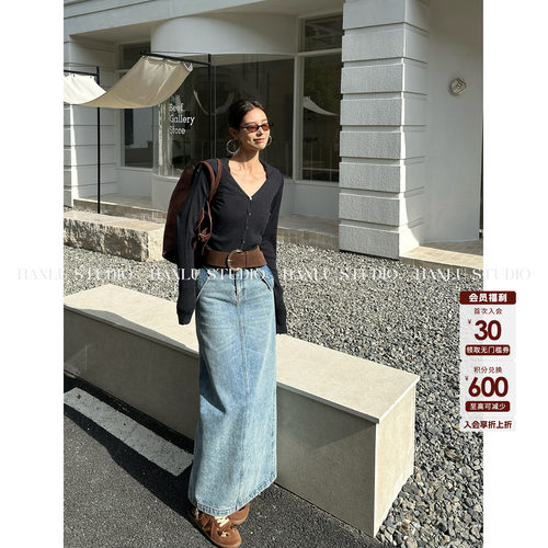 HanLu studio原创小众新疆棉高腰撞色明线直筒半身牛仔裙