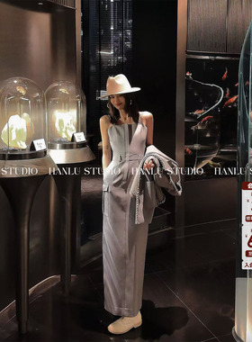 HanLu studio品牌线·小众高腰立裁收腰显瘦高JI灰色吊带连衣裙