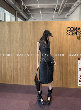 HanLu studio品牌小众原创牛仔半裙立裁高腰时髦洋气烟灰色五分裙
