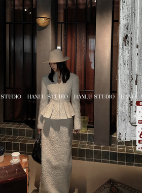 HanLu studio品牌原创定制呢料立裁伞摆丝绒羊毛收腰星灰色外套冬
