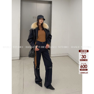 HanLu 冬 studio品牌线·小众原创棉暗纹丝绒牛仔金属扣直筒长裤