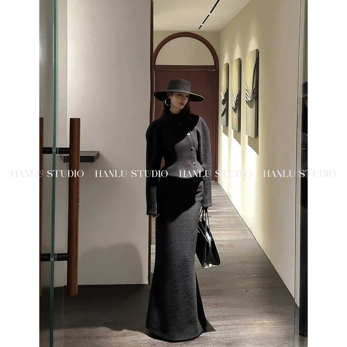HanLu studio秋冬款小众原创长款精裁高腰绵羊毛黑色毛呢鱼尾半裙