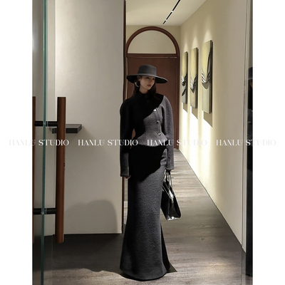 HanLu studio秋冬款小众原创长款精裁高腰绵羊毛黑色毛呢鱼尾半裙