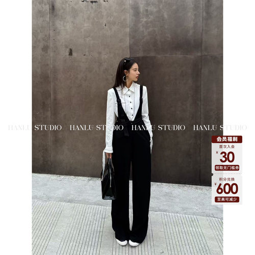HanLu studio原创小众设计师品牌立裁镂空腰带直筒黑色时髦背带裤