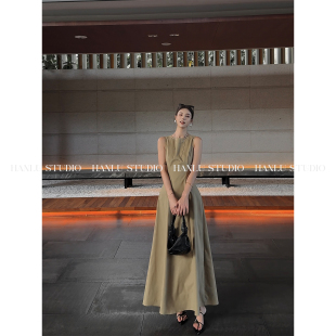 HANLU STUDIO品牌卡其色棉感收腰设计拼接100桑蚕丝透视长连衣裙
