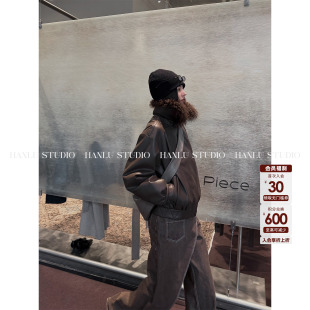 HanLu studio品牌真羊毛毛领立裁松弛感皮夹克90白鸭绒巧克力外套