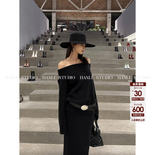 HanLu 黑色宽松上衣 studio小众原创高ji御姐加厚一字肩毛织长袖