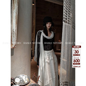 HANLU STUDIO品牌不规则荡领飘带设计氛围感黑白拼接透视蕾丝上衣