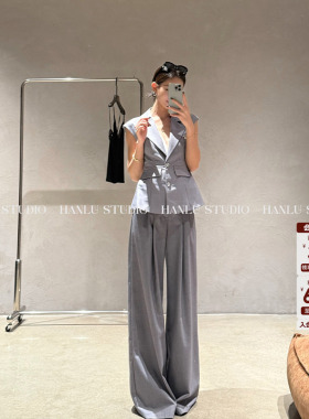 HanLu studio【裤型超正】小众高腰格雷系灰色西裤直筒阔腿裤