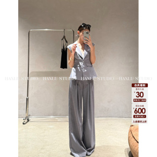 studio 直筒阔腿裤 裤 小众高腰格雷系灰色西裤 型超正 HanLu