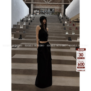 直筒牛仔黑色半身裙 长款 HanLu studio原创松紧低腰棉感宽松秋季