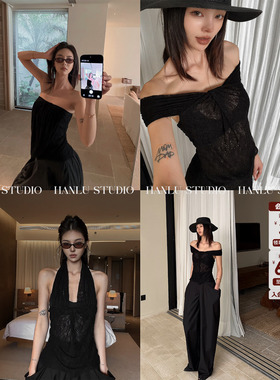 HANLU STUDIO26ss暗黑先锋系解构多层流动线条设计挂脖蕾丝一字肩