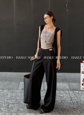 HanLu studio小众设计感高腰侧镂空直筒显瘦羊毛黑色长裤