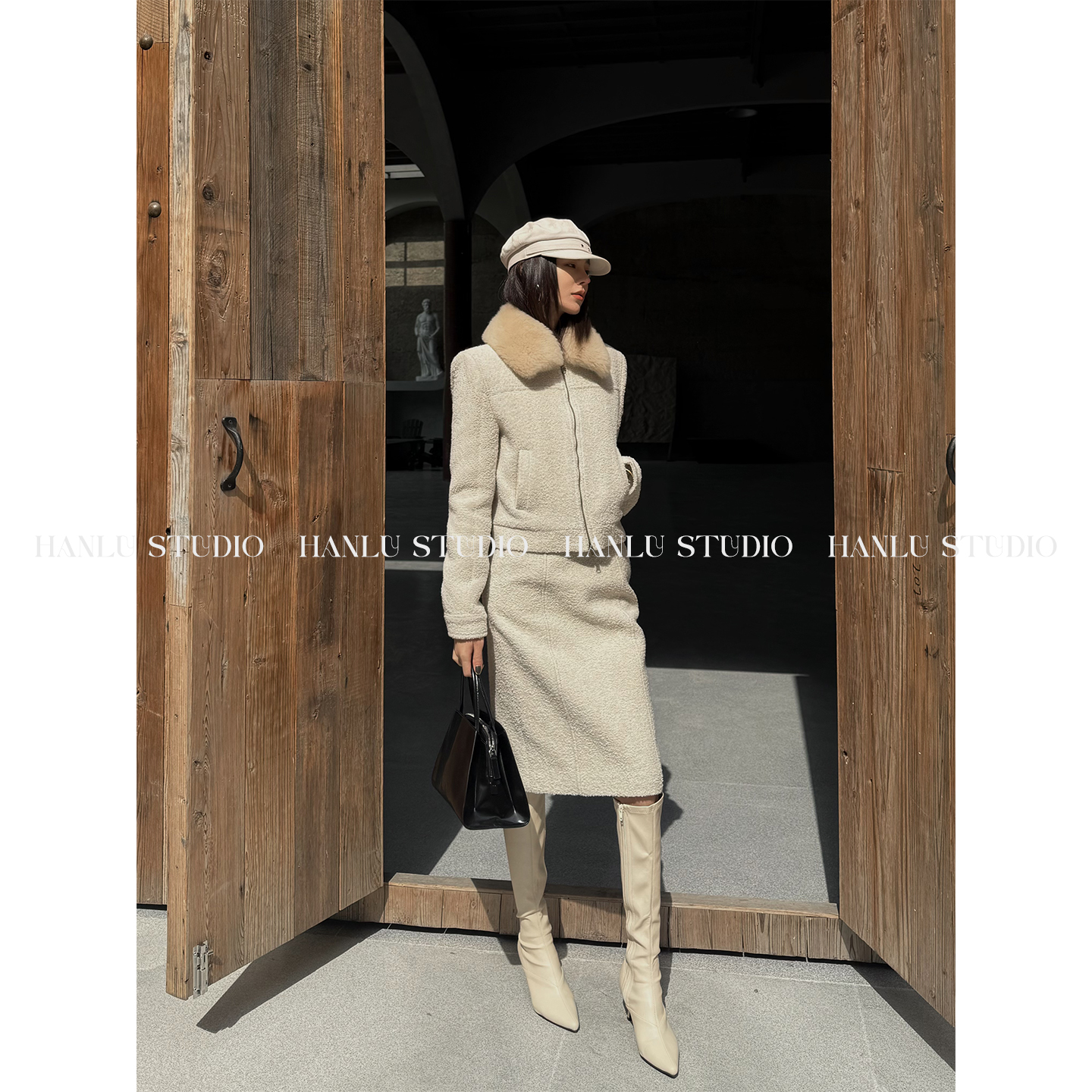 HanLu studio原创小众立裁高ji姐系明线卡其米色毛呢羊毛半身裙冬
