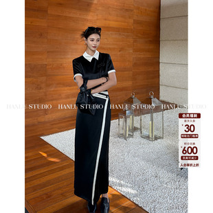 套装 显瘦长裙时尚 studio黑色气质醋酸休闲开叉撞色上衣时尚 HanLu