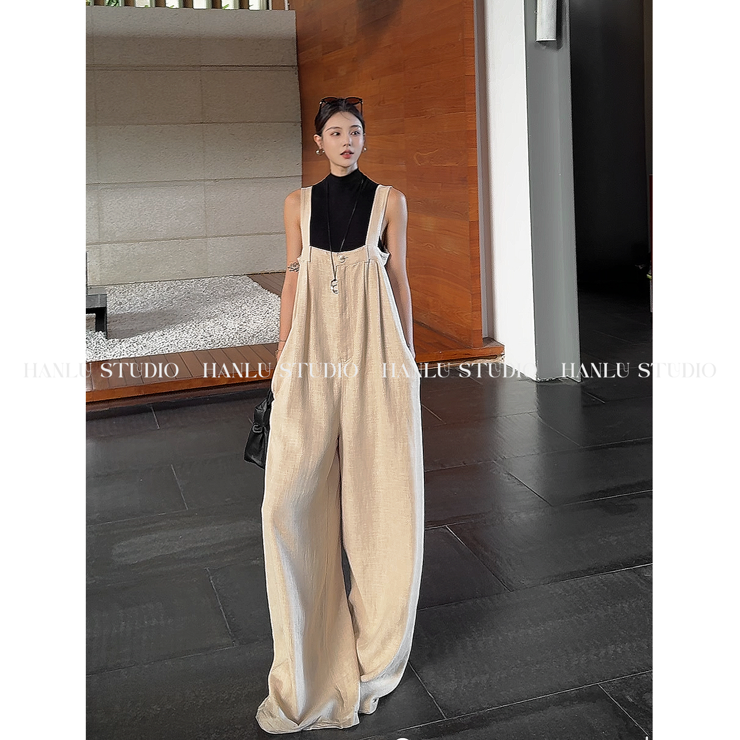 HanLu studio百搭小众设计感杏色宽松棉麻连体背带裤女