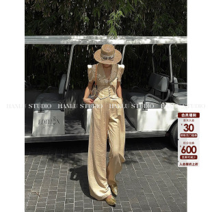 小众奶茶棕肌理料拼接腰头高腰长裤 HanLu studio时尚