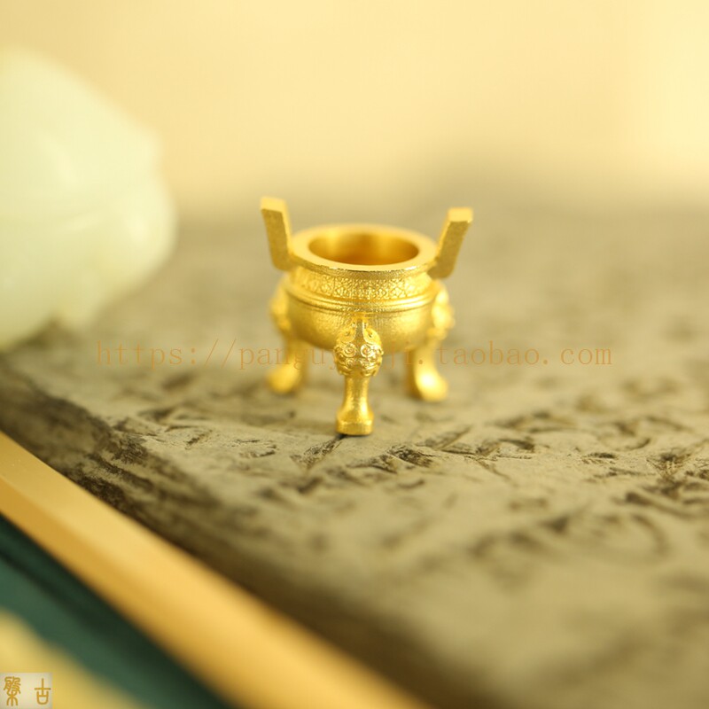 盘古黄金足金兽头双耳香炉三足鼎吊坠摆件定制