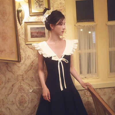 2026陈都灵同款黑色韩系学院风娃娃领连衣裙夏季蝴蝶结减龄收腰A
