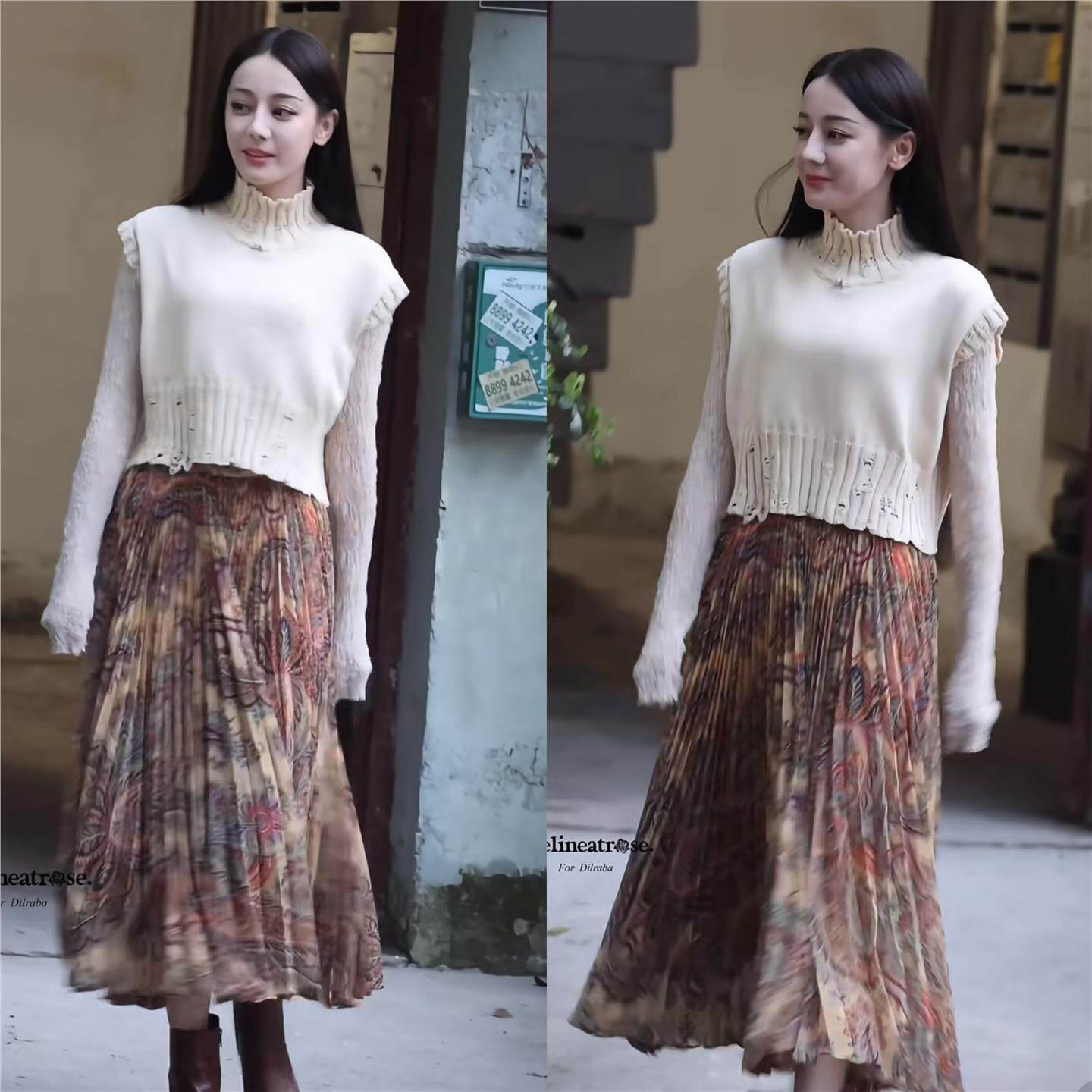 2025枭起青壤迪丽热巴聂九罗同款乳白色半高领针织背心叠穿打底衫