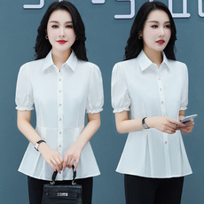 白衬衫女短袖2024夏季新款韩版修身百搭雪纺衫时尚减龄中年妈妈装